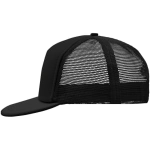 A black 5 panel flat peak cap with a mesh back and a curved brim, featuring a logo on the front.