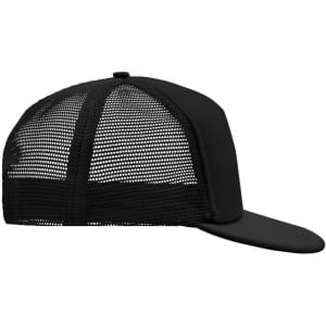 A black 5 panel flat peak cap featuring a mesh back and a solid front, including a logo.