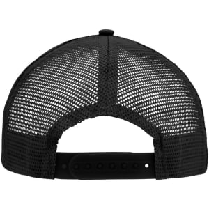 A black 5 panel flat peak cap with a mesh back and adjustable strap. It features a branding logo.