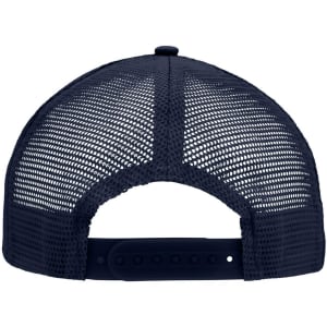 A navy blue 5 panel flat peak cap with a mesh back and an adjustable strap. It features a logo on the side.
