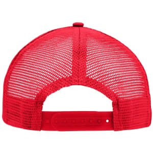 A red 5 panel flat peak cap featuring a mesh back and an adjustable snap closure.