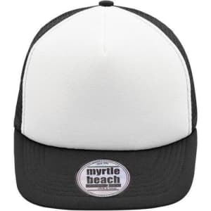 A 5 panel flat peak cap featuring a white front panel and a black peak and mesh sides, with a logo on the front.