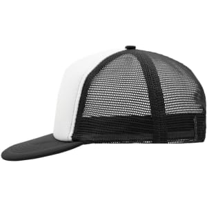 A black and white 5 panel flat peak cap featuring a mesh back and a branded logo.