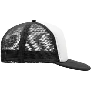 A 5 panel flat peak cap featuring a black mesh back and a white front panel with a black peak.