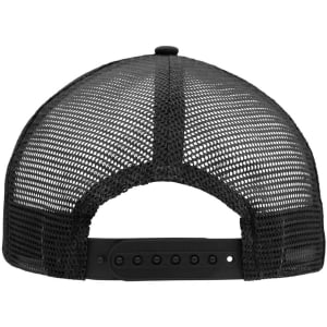 A black 5-panel flat peak cap featuring a mesh back and an adjustable strap.