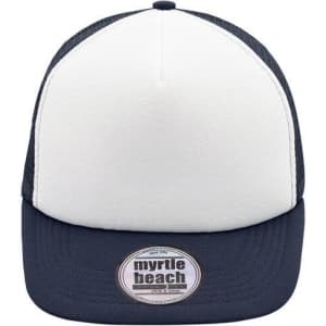 A 5 panel flat peak cap featuring a white front and navy blue peak, with a logo on the front.