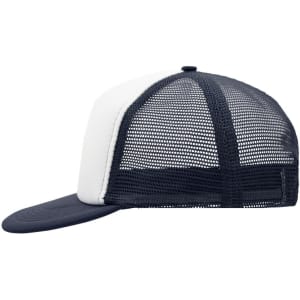 A navy and white 5 panel flat peak cap with a mesh back and a branded logo.