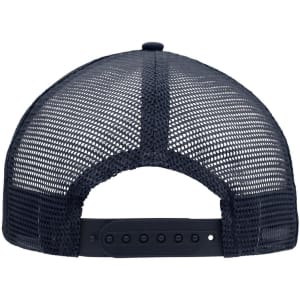 A navy 5 Panel Flat Peak Cap with a mesh back and an adjustable strap. It features a logo on the back.