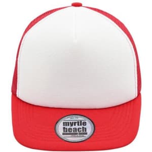A red and white 5 Panel Flat Peak Cap featuring a logo on the front and mesh panels on the sides.