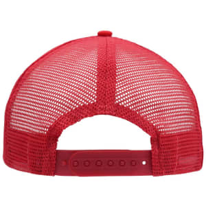 A red 5 panel flat peak cap featuring a mesh back and an adjustable strap. It includes a logo.