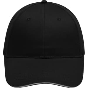 A black six-panel brushed sandwich cap with a curved brim and branding on the front.