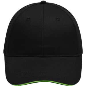 A black 6 panel brushed sandwich cap with a green underbrim and a logo on the front.