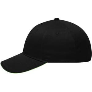 A black 6 panel brushed sandwich cap with a curved peak and a branding logo.