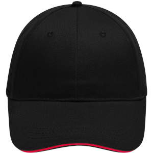 A black 6-panel brushed sandwich cap featuring a red trim and a logo on the front.