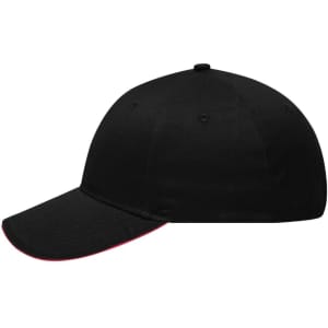 A black 6 panel brushed sandwich cap with a contrasting red trim, featuring a logo on the front.