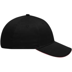 A black six-panel brushed sandwich cap featuring a contrasting red trim and a small logo.