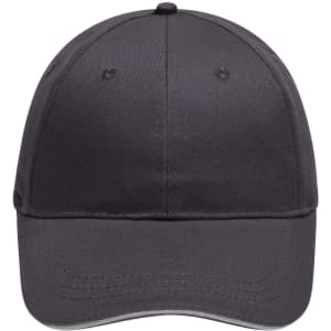 A dark grey six-panel brushed sandwich cap featuring a curved brim and a logo on the front.