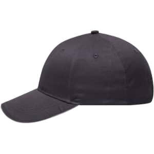 A black 6 panel brushed sandwich cap with a curved visor and a logo on the front.