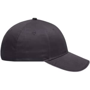 A black 6 panel brushed sandwich cap featuring a rounded crown and a curved brim, with a logo on it.