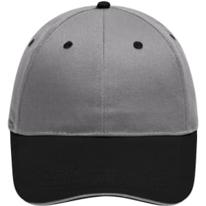 A grey and black 6 panel brushed sandwich cap with a logo on the front.