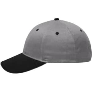 A grey and black 6 panel brushed sandwich cap featuring a rounded crown and pre-curved peak. It includes a logo.