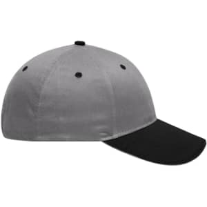 A grey and black six-panel brushed sandwich cap featuring a logo and a curved brim.