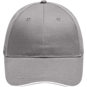 A grey 6 Panel Brushed Sandwich Cap featuring a curved peak and a logo on the front.