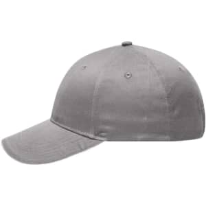 A grey 6-panel brushed sandwich cap with a smooth finish and a curved brim, featuring a logo.