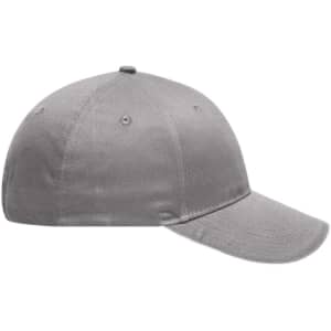 A grey 6 panel brushed sandwich cap with a curved brim and a logo on the front.