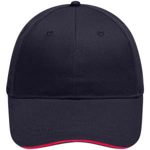 A navy blue 6 panel brushed sandwich cap with a contrasting red underbill and a logo on the front.