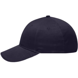 A navy blue six-panel brushed sandwich cap with a curved peak and a logo on the front.