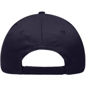 A navy blue 6-panel brushed sandwich cap featuring an adjustable back and a logo on the side.