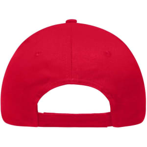 A red 6 panel brushed sandwich cap featuring an adjustable strap and a logo on the back.