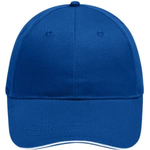A blue 6 panel brushed sandwich cap featuring a curved brim and a logo on the front.