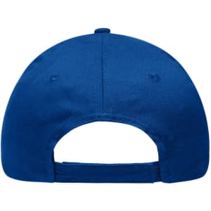 A blue 6 panel brushed sandwich cap featuring a back opening and an adjustable strap. It has a logo on the back.