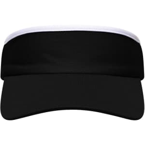 A black sport sunvisor with a white band across the front and a curved peak, featuring a logo.