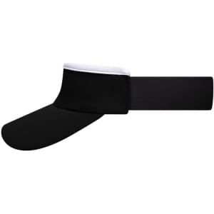 A black sun visor with a white underside and an elastic band for a snug fit. Features a logo on the side.
