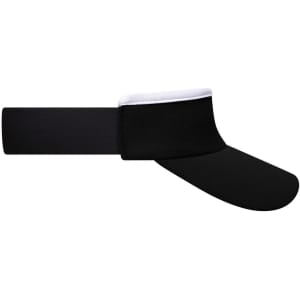 A black sport sunvisor with a white trim band and a wide brim, featuring a logo on the front.