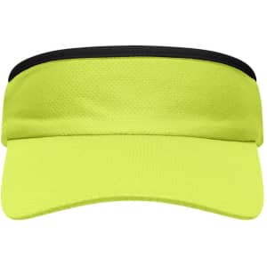A yellow and black sport sunvisor featuring a wide brim and a textured finish, with a logo present.