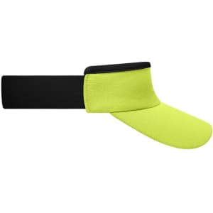 A bright yellow sport sun visor with a black band, featuring a wide brim and textured fabric.