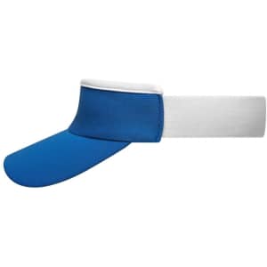 A blue and white sport sunvisor with a wide brim and an adjustable strap. It features a logo on the front.