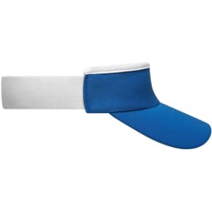 A blue and white sport sunvisor with a curved brim and an adjustable band. It features a logo on the front.
