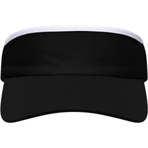 A black sun visor with a white trim, featuring a branded logo on the front panel.