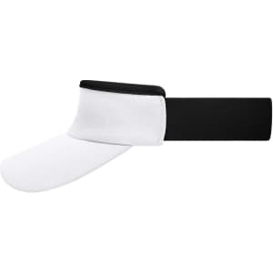 A white sport sunvisor with a black band and a curved brim. It features a logo on the front.