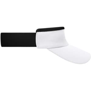 A white and black sport sunvisor with a wide brim and adjustable strap. Features a logo on the band.