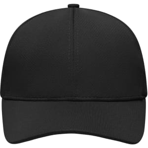 A black 6-panel sport mesh cap with a structured design and a logo on the front.