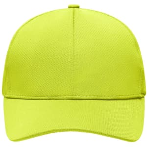 A bright yellow six-panel sport mesh cap with a logo on the front and a curved brim.