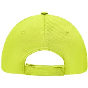 A bright yellow 6 Panel Sport Mesh Cap featuring a back adjustable strap and ventilation holes.