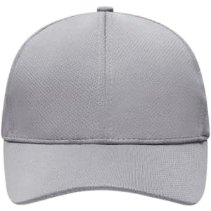 A grey 6-panel sport mesh cap featuring a curved brim and a logo on the front.