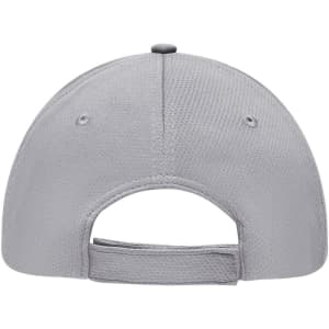 A grey 6 Panel Sport Mesh Cap featuring a back adjustment strap and a logo.